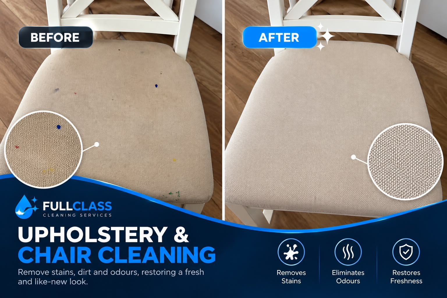 Upholstered chair, before and after cleaning